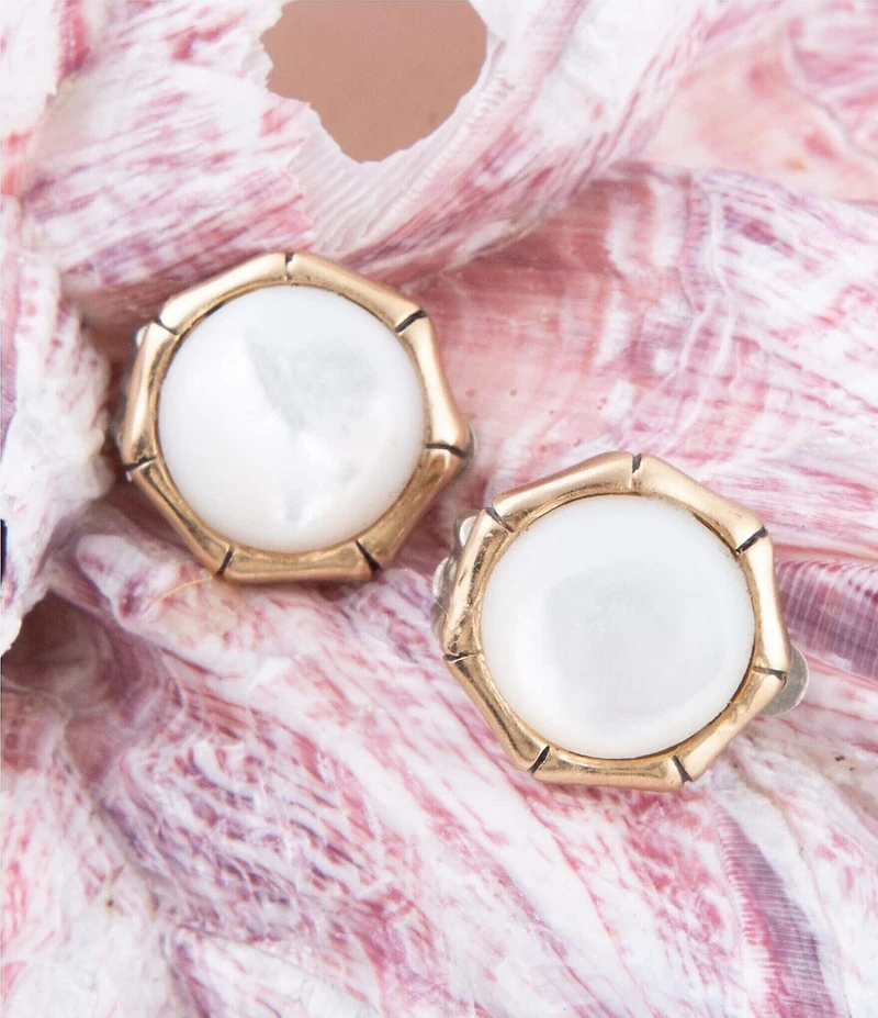 Barse White Mother of Pearl Golden Bamboo Clip Earrings