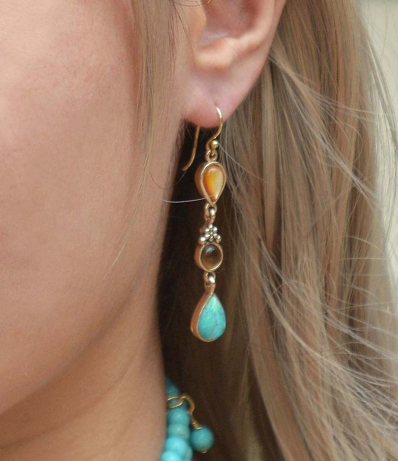 Barse Bronze Turquoise Caramel Mother Of Pearl and Smoky Quartz Madrid Statement Linear Earrings