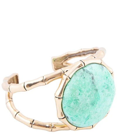 Barse Vibrant Green Chrysoprase Golden Bamboo Statement Cuff Bracelet