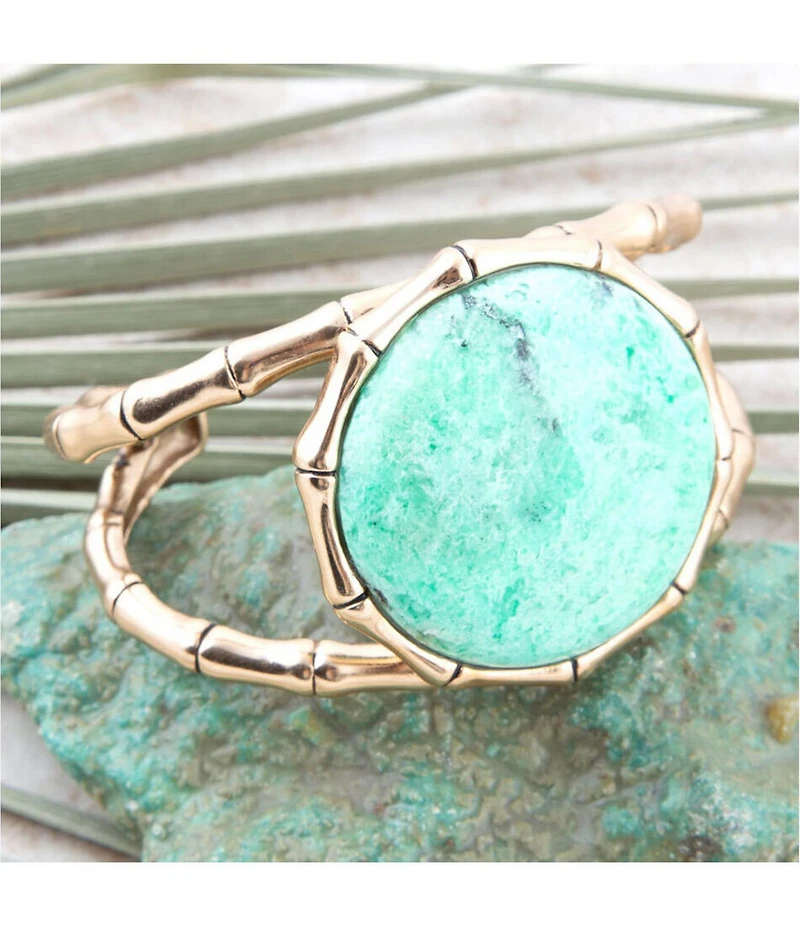 Barse Vibrant Green Chrysoprase Golden Bamboo Statement Cuff Bracelet