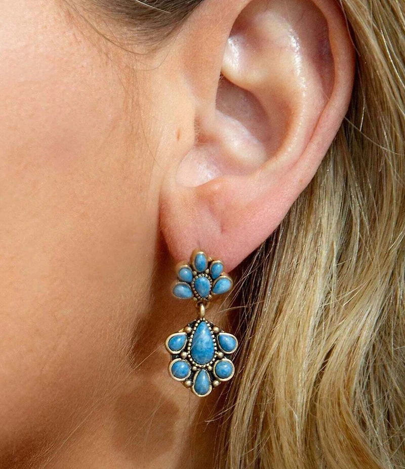 Barse Concho Denim Blue Lapis Double Golden Drop Earrings