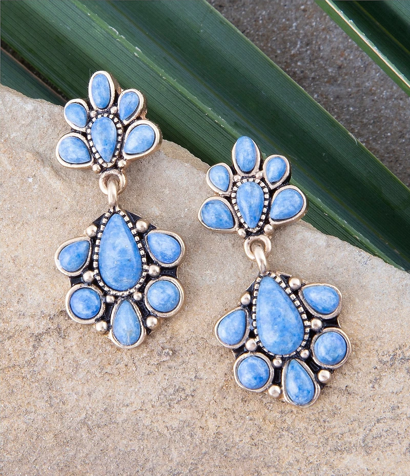 Barse Concho Denim Blue Lapis Double Golden Drop Earrings