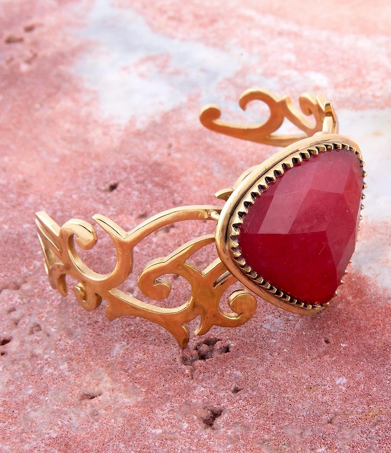 Barse Red Bordeaux Quartz Golden Statement Cuff Bracelet