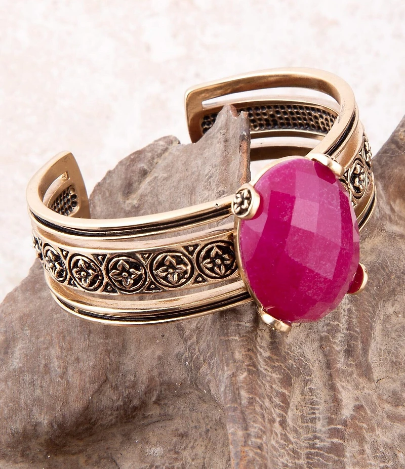 Barse Red Raspberry Quartz Golden Statement Cuff Bracelet