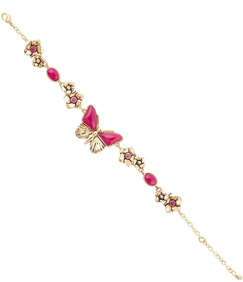 Barse Pink Fuchsia Agate Golden Butterfly Floral Adjustable Bracelet