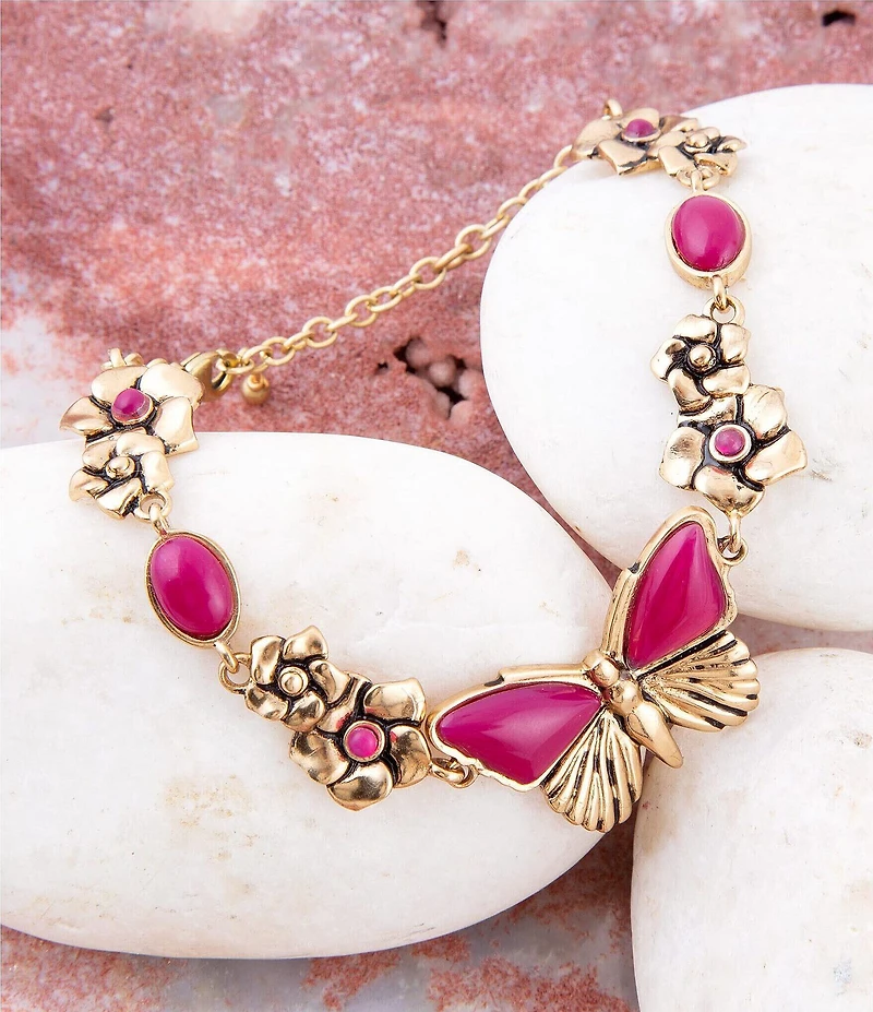 Barse Pink Fuchsia Agate Golden Butterfly Floral Adjustable Bracelet