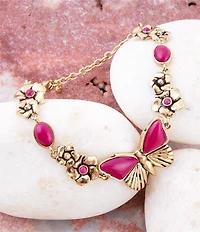 Barse Pink Fuchsia Agate Golden Butterfly Floral Adjustable Bracelet