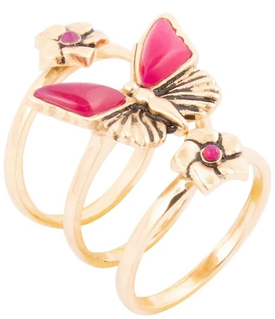 Barse Pink Fuchsia Agate Golden Butterfly Triple Ring Set
