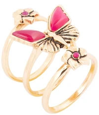 Barse Pink Fuchsia Agate Golden Butterfly Triple Ring Set