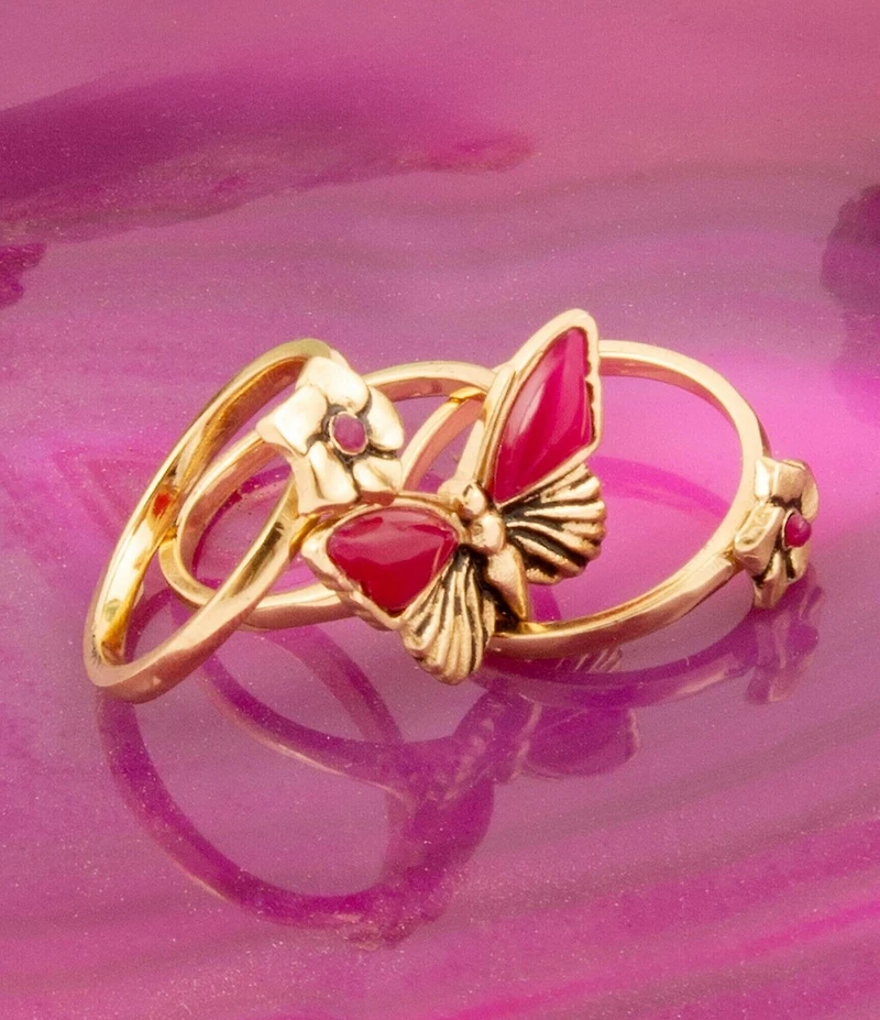 Barse Pink Fuchsia Agate Golden Butterfly Triple Ring Set
