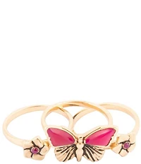 Barse Pink Fuchsia Agate Golden Butterfly Triple Ring Set