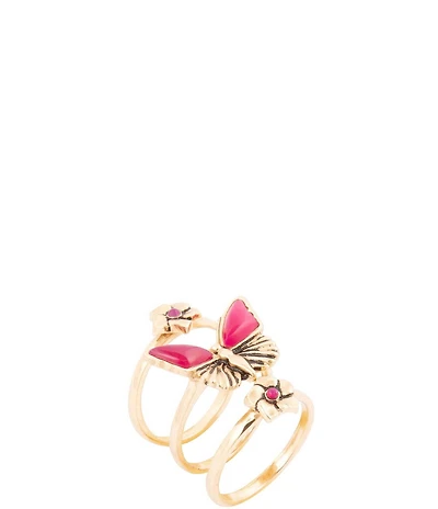 Barse Pink Fuchsia Agate Golden Butterfly Triple Ring Set