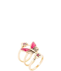 Barse Pink Fuchsia Agate Golden Butterfly Triple Ring Set