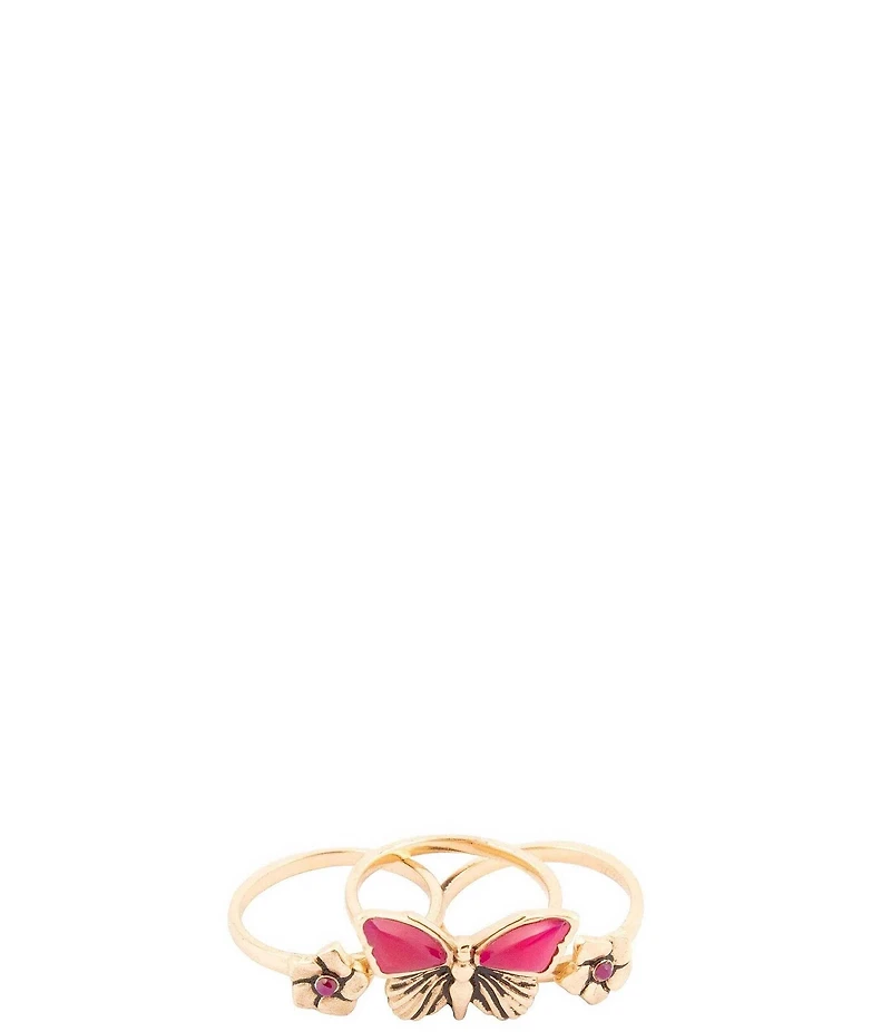 Barse Pink Fuchsia Agate Golden Butterfly Triple Ring Set