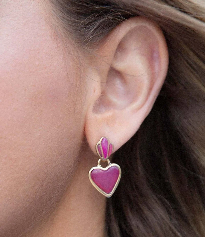 Barse Pink Agate Heart Drop Golden Earrings