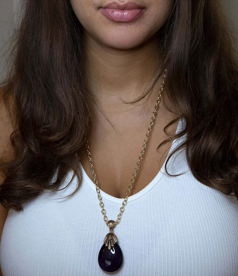 Barse Purple Quartz Teardrop Golden Pendant Necklace