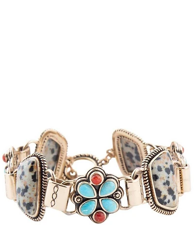 Barse Bronze and Genuine Red Sponge Coral with Turquoise and Dalmatian Jasper Stone Toggle Line Bracelet