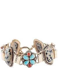 Barse Bronze and Genuine Red Sponge Coral with Turquoise and Dalmatian Jasper Stone Toggle Line Bracelet