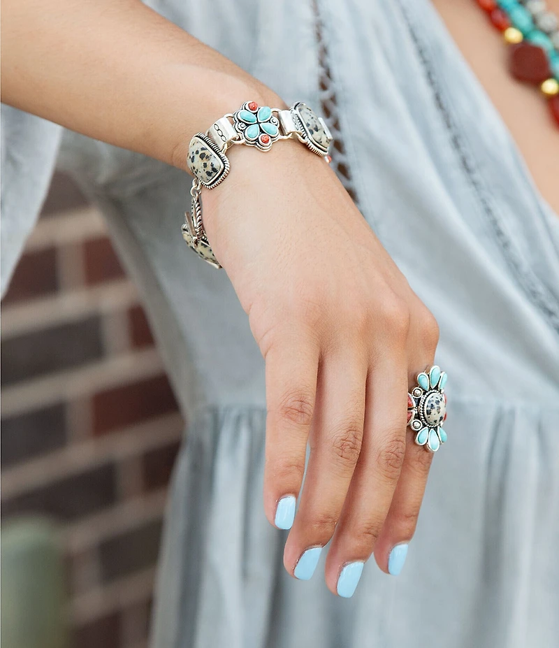 Barse Bronze and Genuine Red Sponge Coral with Turquoise and Dalmatian Jasper Stone Toggle Line Bracelet