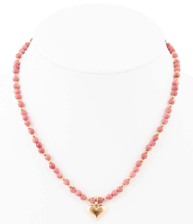 Barse Pink Rhodonite and Golden Bronze Heart Pendant Necklace