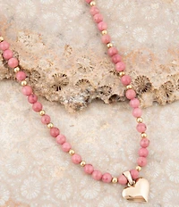 Barse Pink Rhodonite and Golden Bronze Heart Pendant Necklace