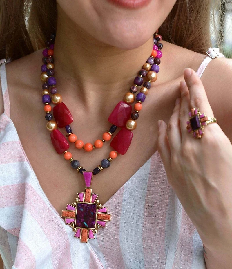 Barse Bronze and Genuine Stone Art Deco Statement Necklace
