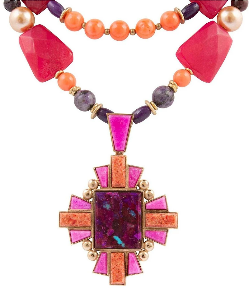 Barse Santa Fe Purple Turquoise Golden Cross Pendant Statement Necklace