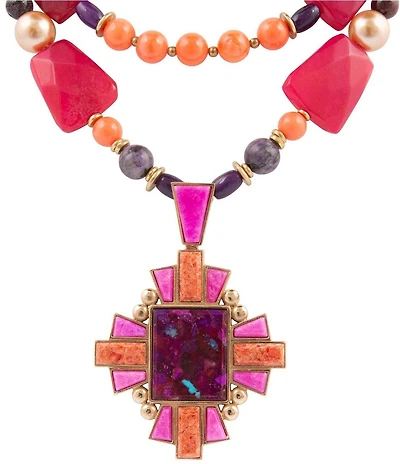 Barse Santa Fe Purple Turquoise Golden Cross Pendant Statement Necklace
