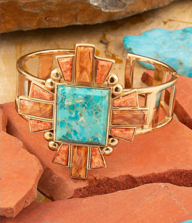 Barse Bronze and Genuine Stone Baguette Cuff Bracelet