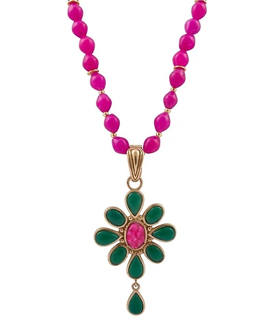 Barse Bronze and Genuine Stone Bloom Long Pendant Necklace