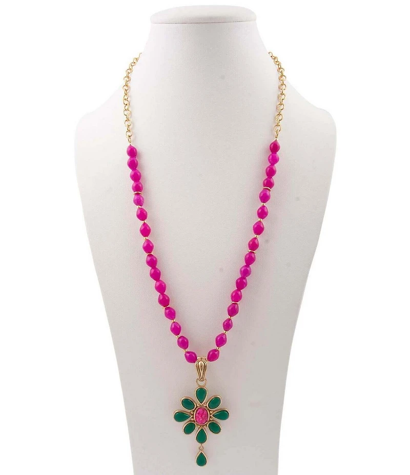 Barse Bronze and Genuine Stone Bloom Long Pendant Necklace