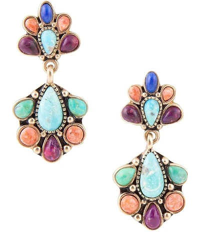 Barse Turquoise Colorful Double Golden Drop Earrings