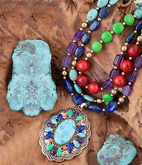 Barse Concho Colorful Blue Turquoise Golden Statement Necklace