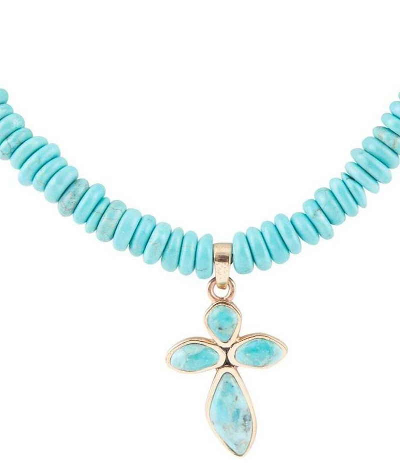Barse Blue Turquoise on the Cross Pendant Necklace