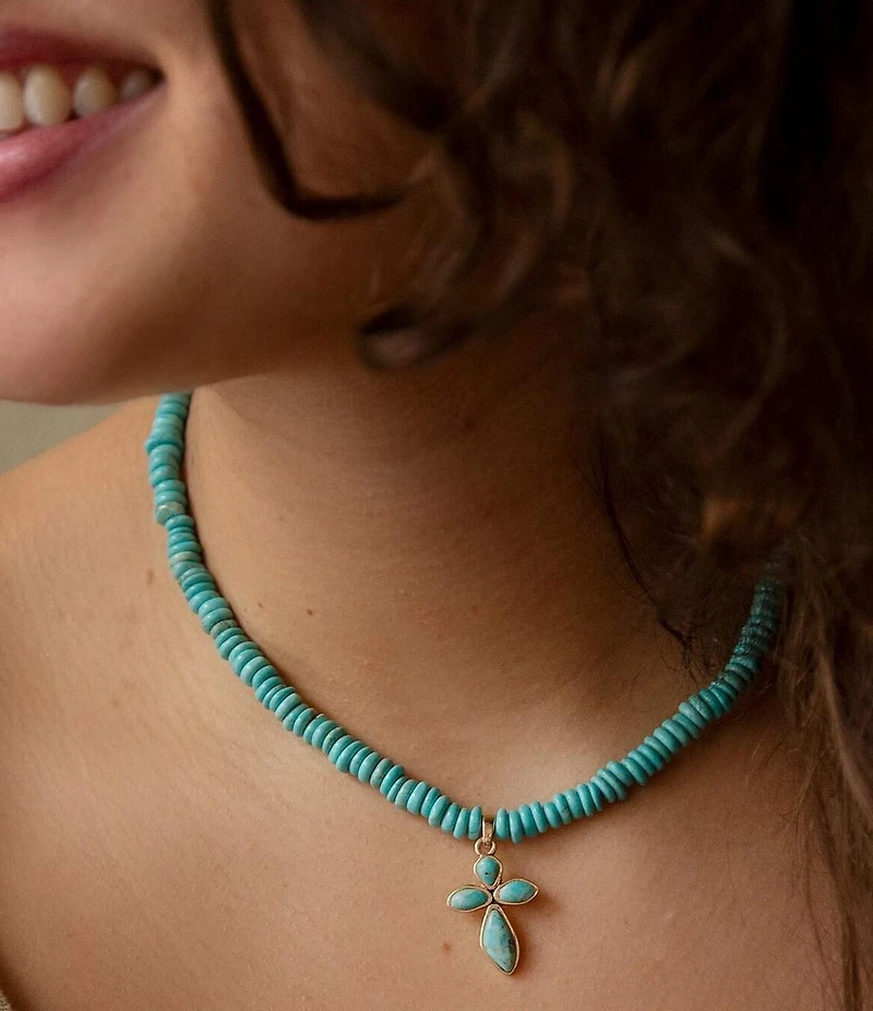 Barse Blue Turquoise on the Cross Pendant Necklace
