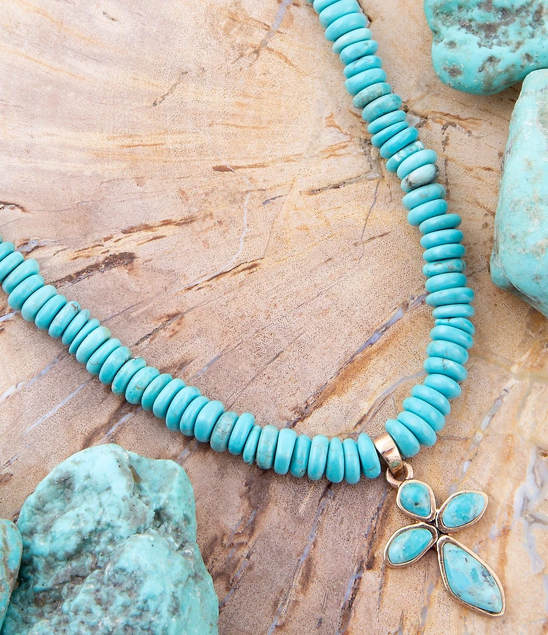 Barse Blue Turquoise on the Cross Pendant Necklace