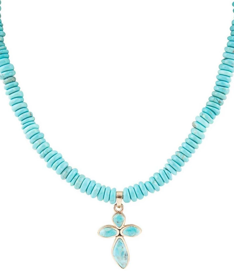 Barse Blue Turquoise on the Cross Pendant Necklace
