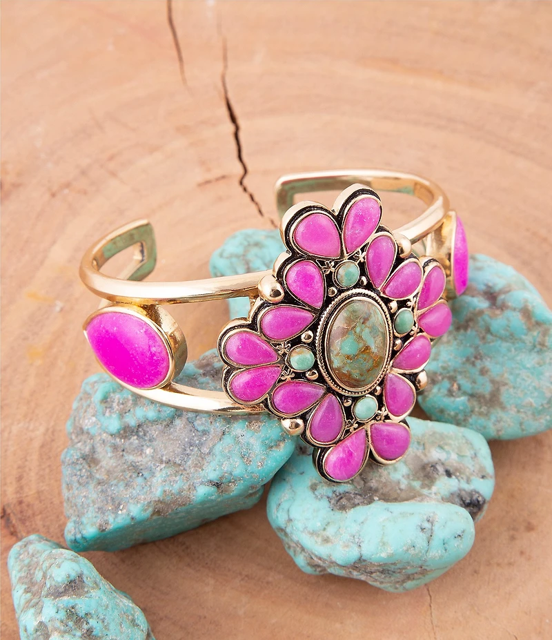 Barse Barcelona Pink Agate and Blue Turquoise Statement Cuff Bracelet