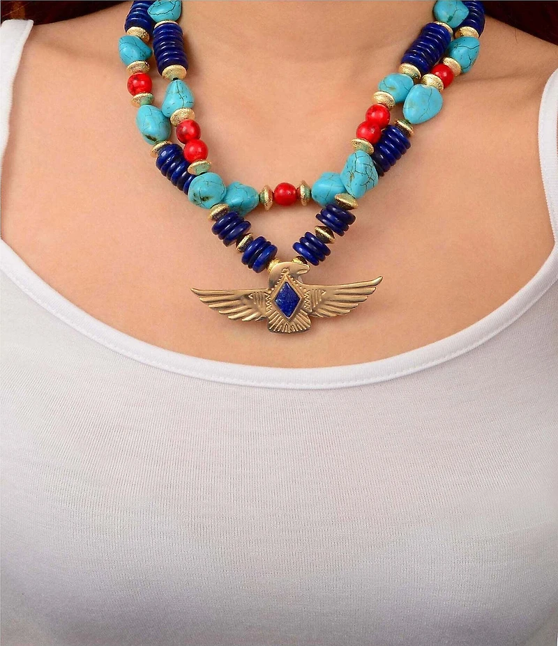 Barse Bronze and Genuine Stone Desert Thunderbird Short Multi Strand Necklace