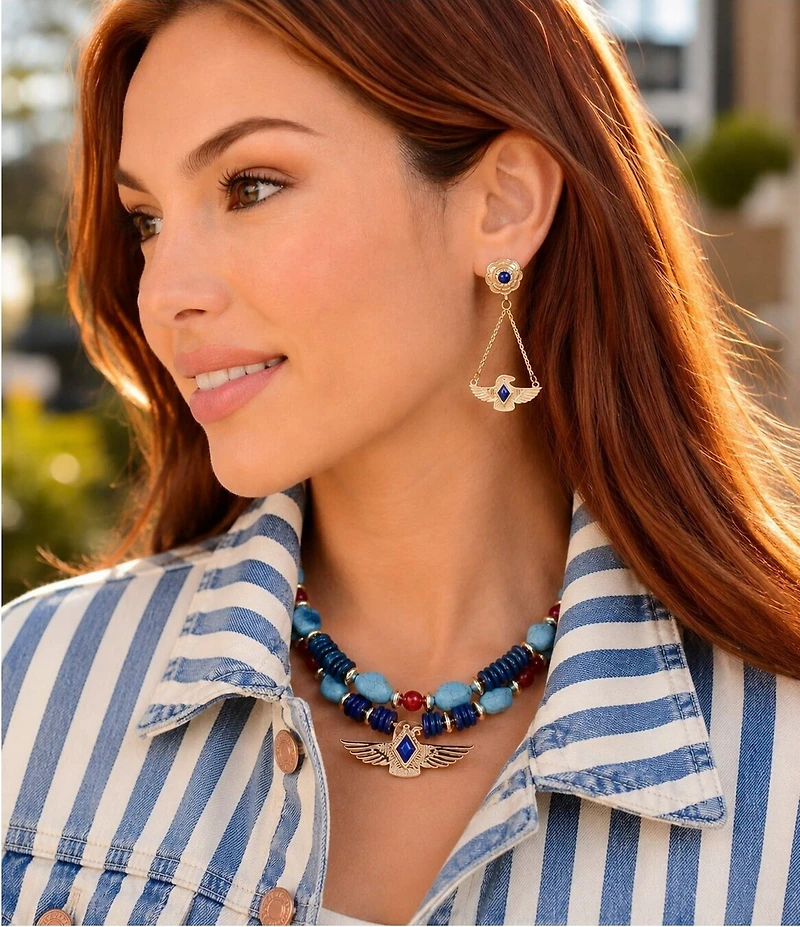 Barse Bronze and Genuine Stone Desert Thunderbird Short Multi Strand Necklace