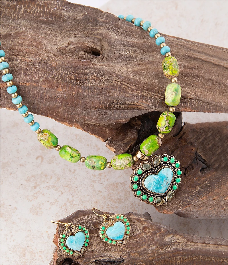 Barse Legacy Heart Lime Green and Blue Turquoise Golden Drop Earrings