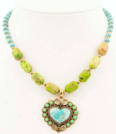 Barse Legacy Heart Lime Green and Blue Turquoise Golden Pendant Necklace