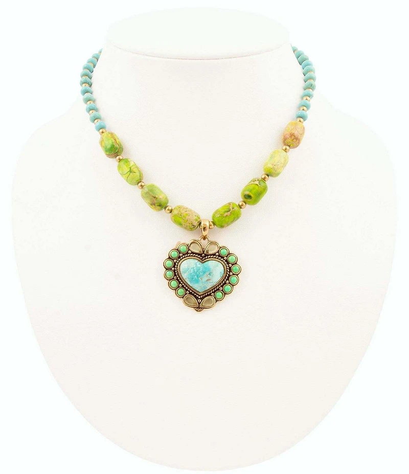 Barse Legacy Heart Lime Green and Blue Turquoise Golden Statement Pendant Necklace