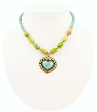 Barse Legacy Heart Lime Green and Blue Turquoise Golden Statement Pendant Necklace