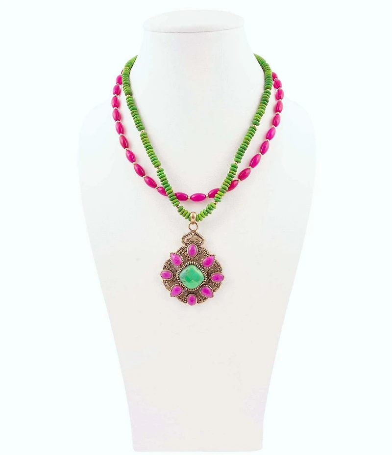 Barse Bronze and Genuine Stone Beaded Short Multi-Strand Pendant Necklace