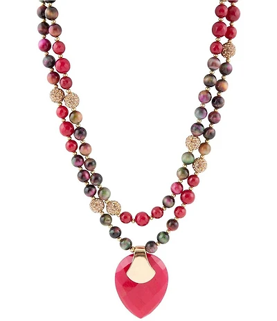 Barse Jeweled Multi-Color Tiger's Eye and Rasberry Quartz Pendant Short Multi Strand Necklace