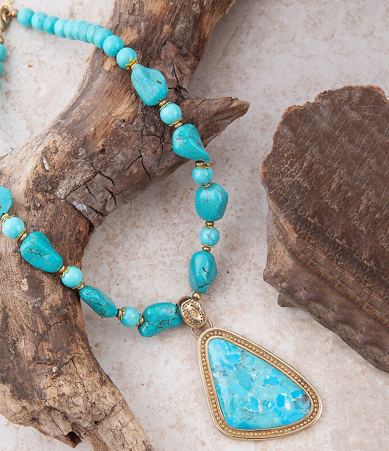 Barse Blue Turquoise Triangle Golden Pendant Necklace
