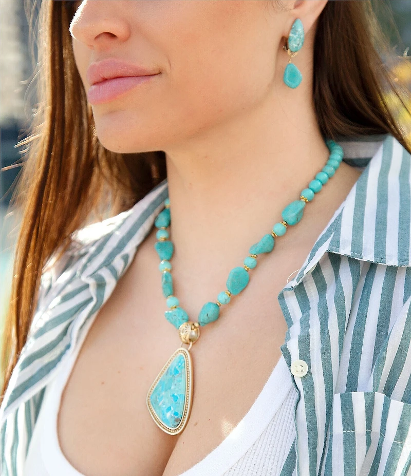 Barse Blue Turquoise Triangle Golden Pendant Necklace