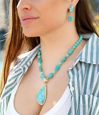 Barse Blue Turquoise Triangle Golden Pendant Necklace