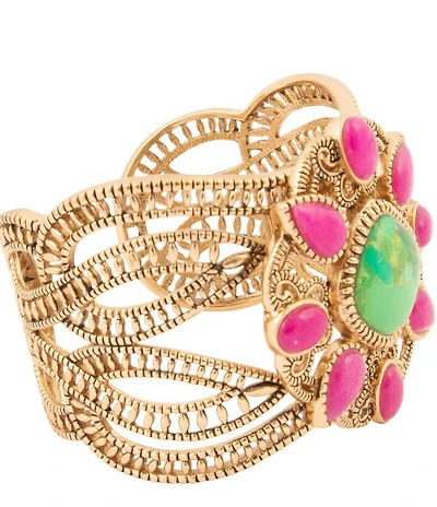 Barse Madeira Lime and Pink Agate Statement Golden Cuff Bracelet